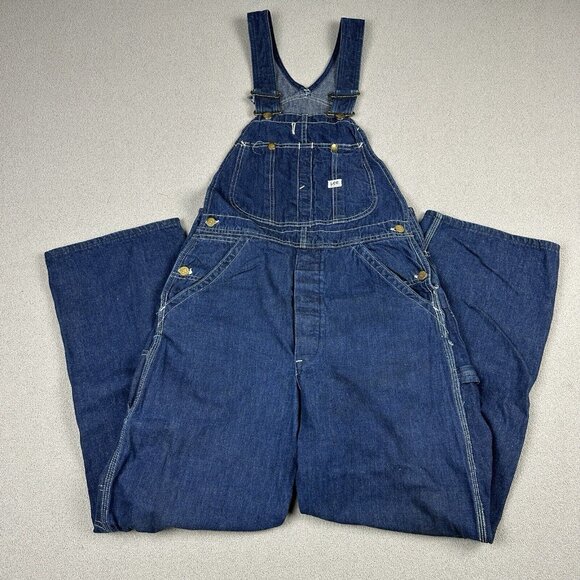 VTG Lee Jelt Denim Sanforized Bib Overalls 32x29 Baggy Union Made USA Distressed - Picture 1 of 11
